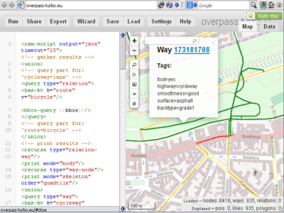 Mapa dopravního stresu v&nbsp;Overpass turbo
