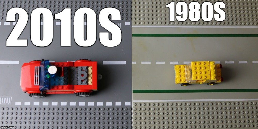 Auta ve stavebních Lego se stejně jako v realitě časem zvětšovala Zdroj: Marco te Brömmelstroet