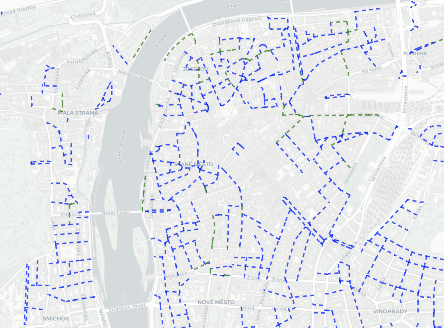 Praha 1. Modře jednosměrky, zeleně cykloobousměrky. Na mapě najdete už i Zlatnickou (přibližně vpravo nahoře)
