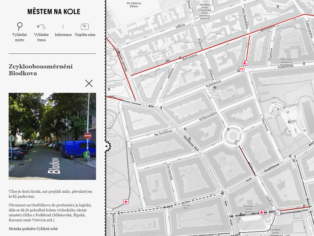 Podněty cyklisté sobě zobrazené v mapě Městem na kole. Zdroj: Vratislav Filler