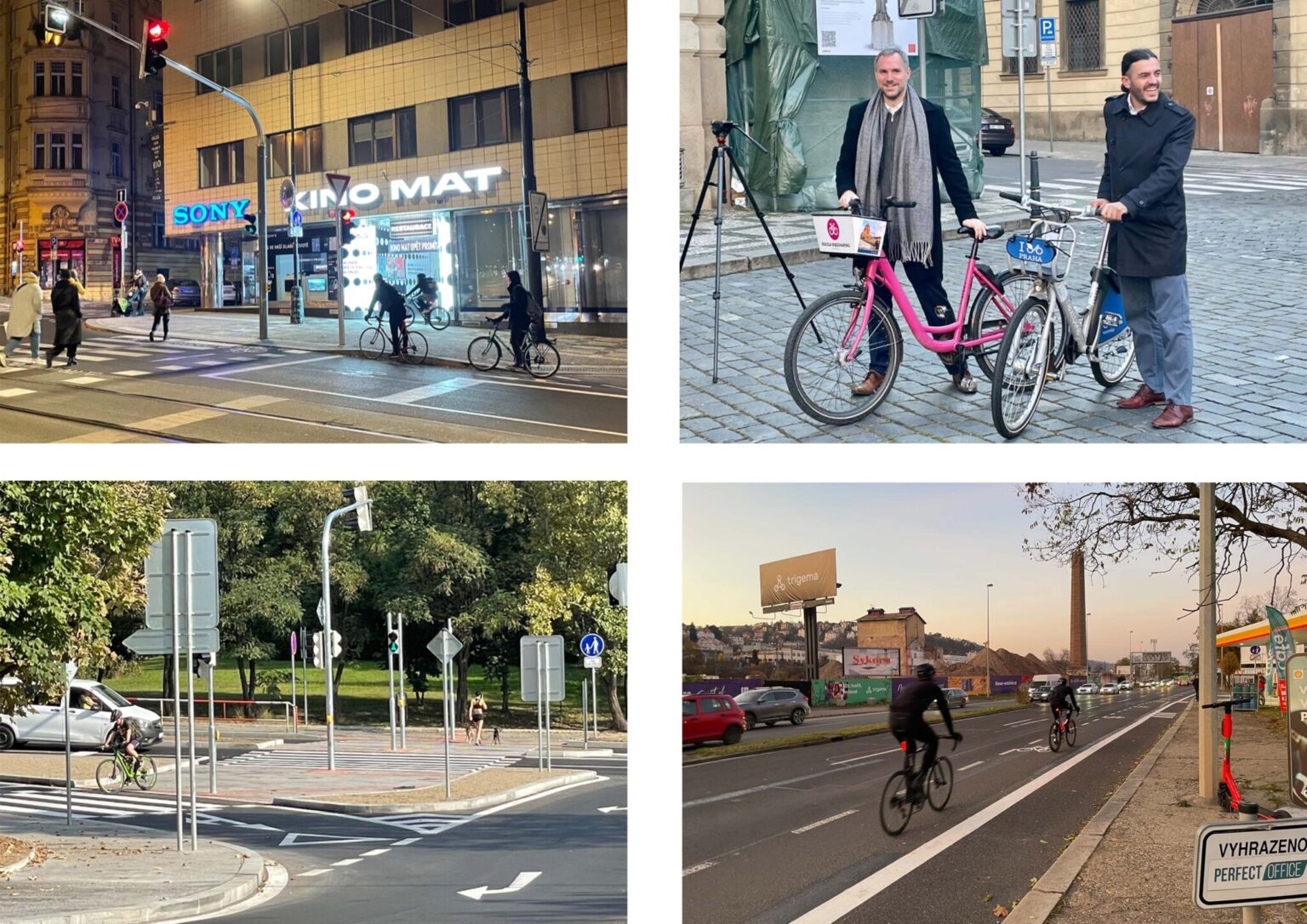 Zleva: Rekonstrukce Karlova náměstí, bikesharing jako součást MHD, mnoho nových přechodů a přejezdů, nové cyklopruhy