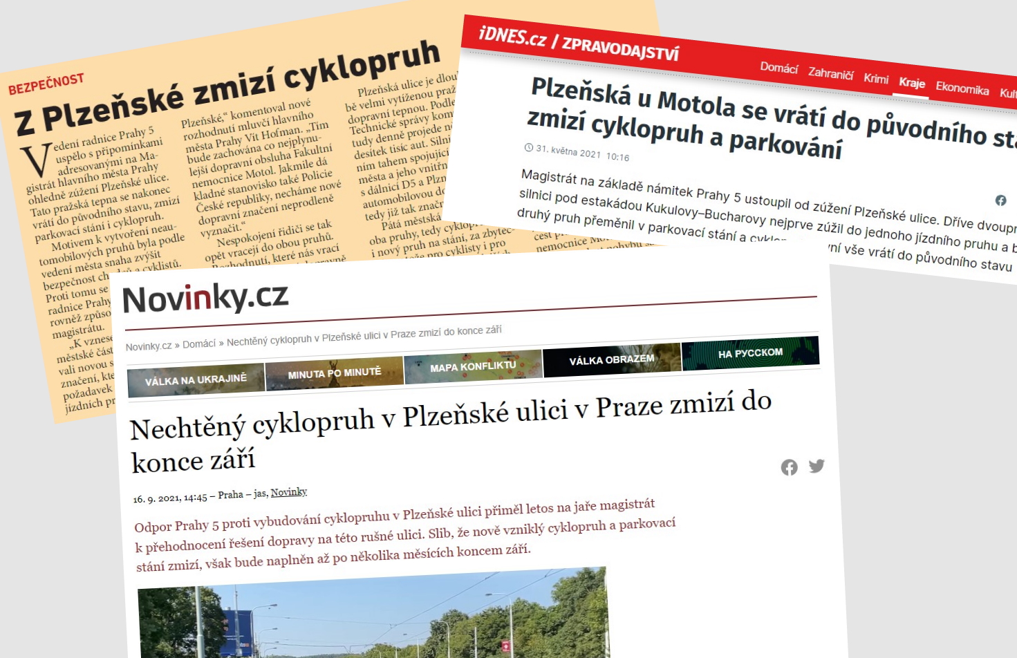 Výběr jen několika z mnoha titulků na téma cyklopruhu v Plzeňské. Zdroj: koláž MNK