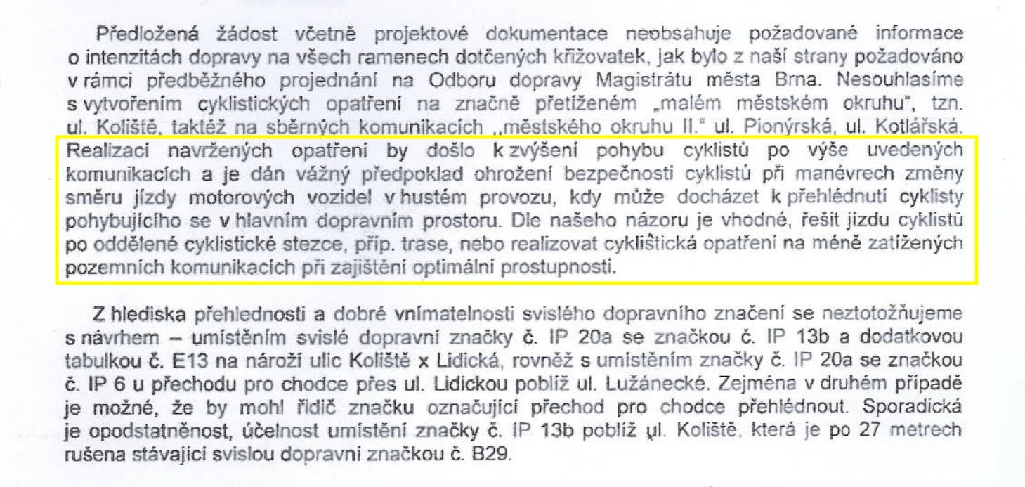 Nesouhlasné stanovisko Policie ČR se vznikem cyklopruhu v Lidické (2013)