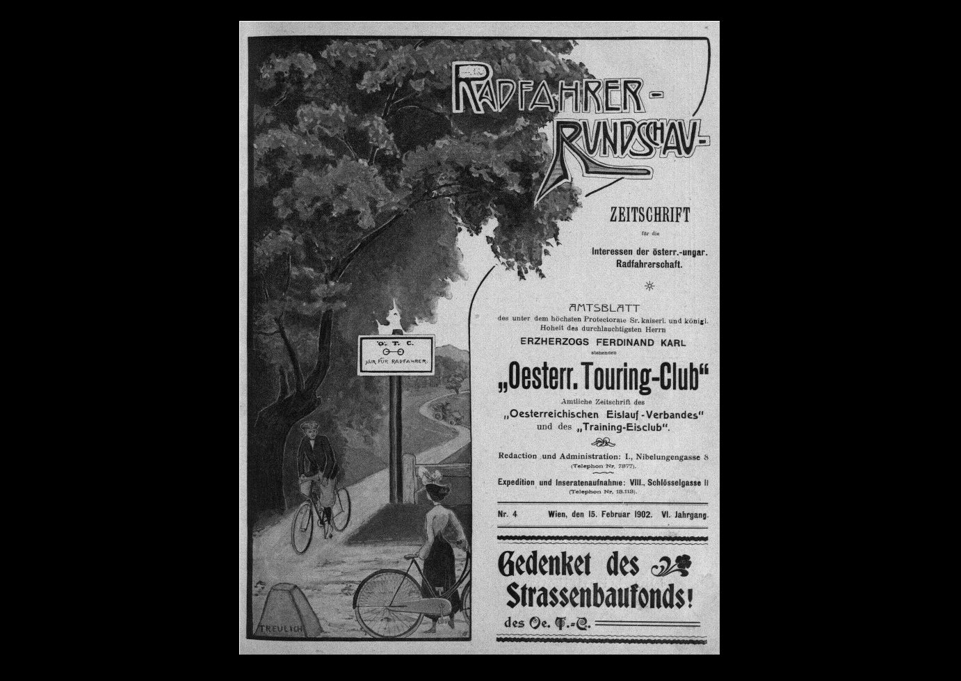 The illustration on the front page of the periodical of the ÖTC cycling club depicts the signage of a cycling path built by the club with the inscription 