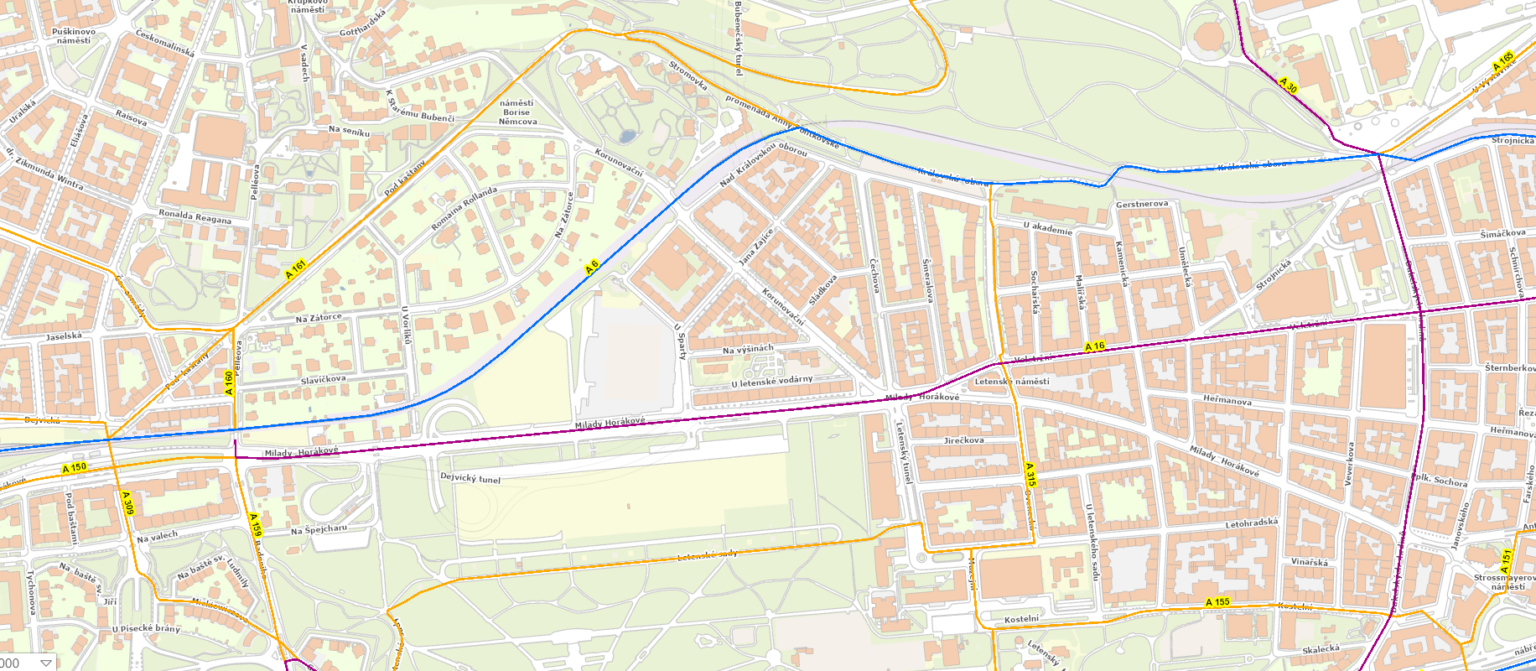 Plánované vedení páteřní cyklotrasy A6 mezi Hradčanskou a Stromovkou. Zdroj: Geoportál Praha