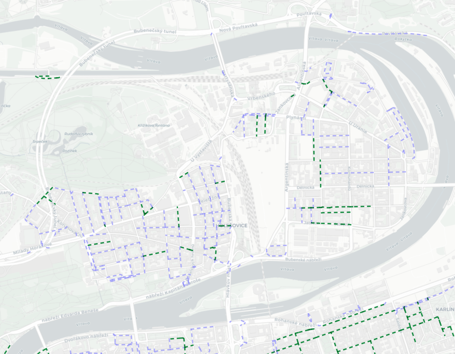 Green represents cycling contraflow lanes, while blue represents one-way streets in the street network of Prague 7. Within Prague, these measures are considered among the most progressive parts of the city.