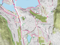 Cyklistická mapa Bergenu. Plánovaný tunel Kronstad znázorněn hnědě. Zdroj: Bergen