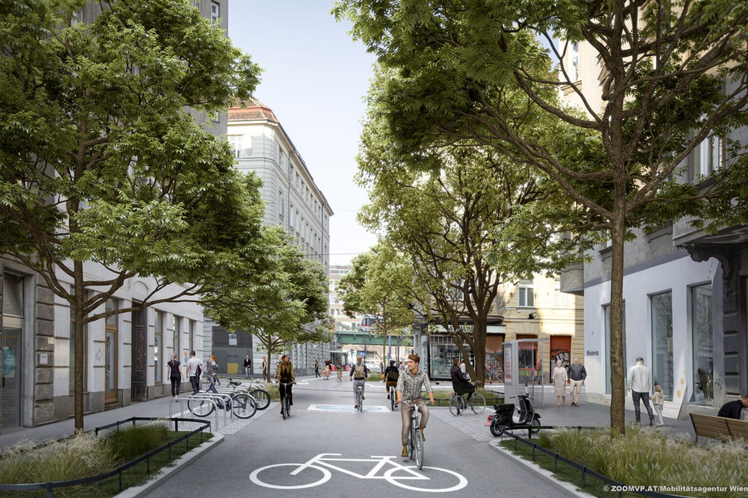 Vizualizace cyklistické ulice Pfeilgasse. Zdroj: Stadt Wien