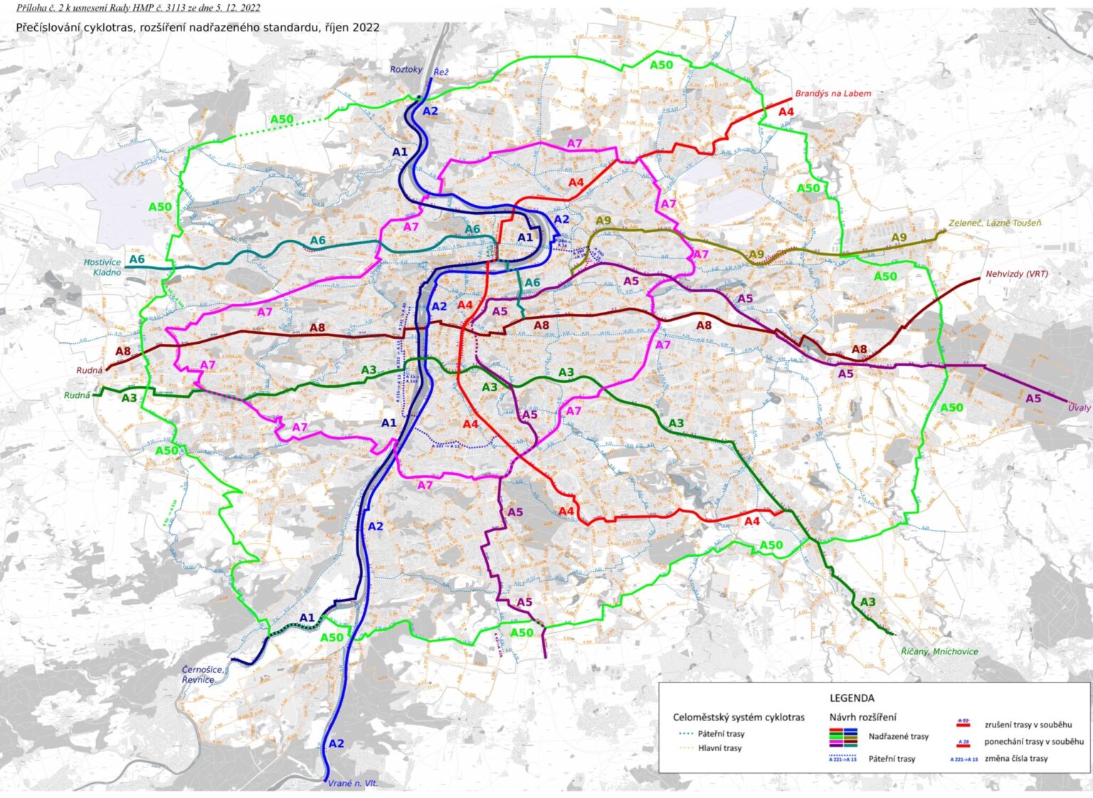 Scheme of the layout of the superior cycle routes A1 - A9 (+A50). Zdroj: Magistrát hl. m. Prahy