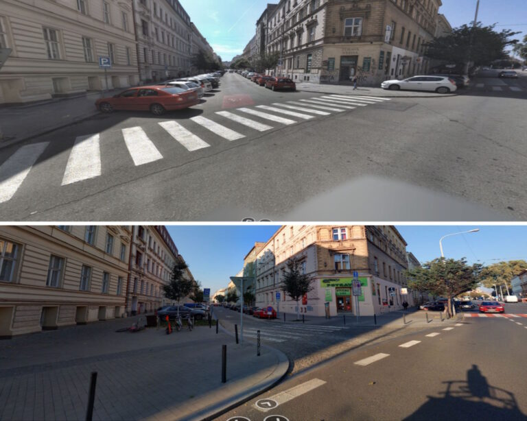 The entrance of Gorkého Street into Veveří Street before and after reconstruction.