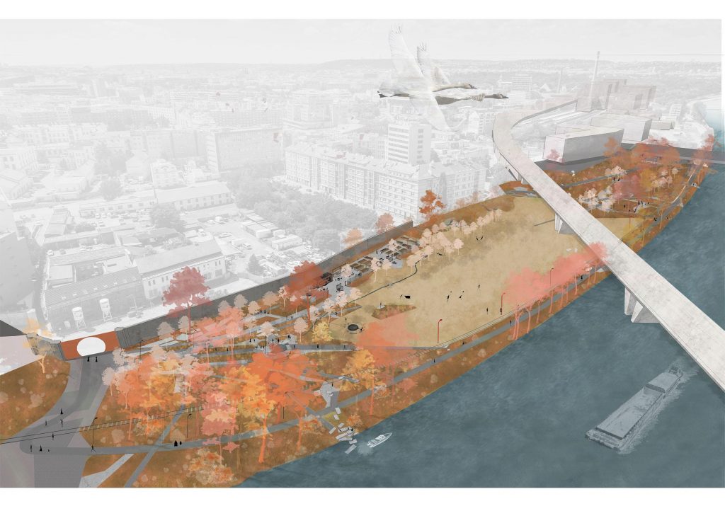 Park U Vody - visualization by YYYY studio, which won the competition for urban-landscape design of the area under the Holešovice Railway Bridge. The A1 cycle path will pass through this area.