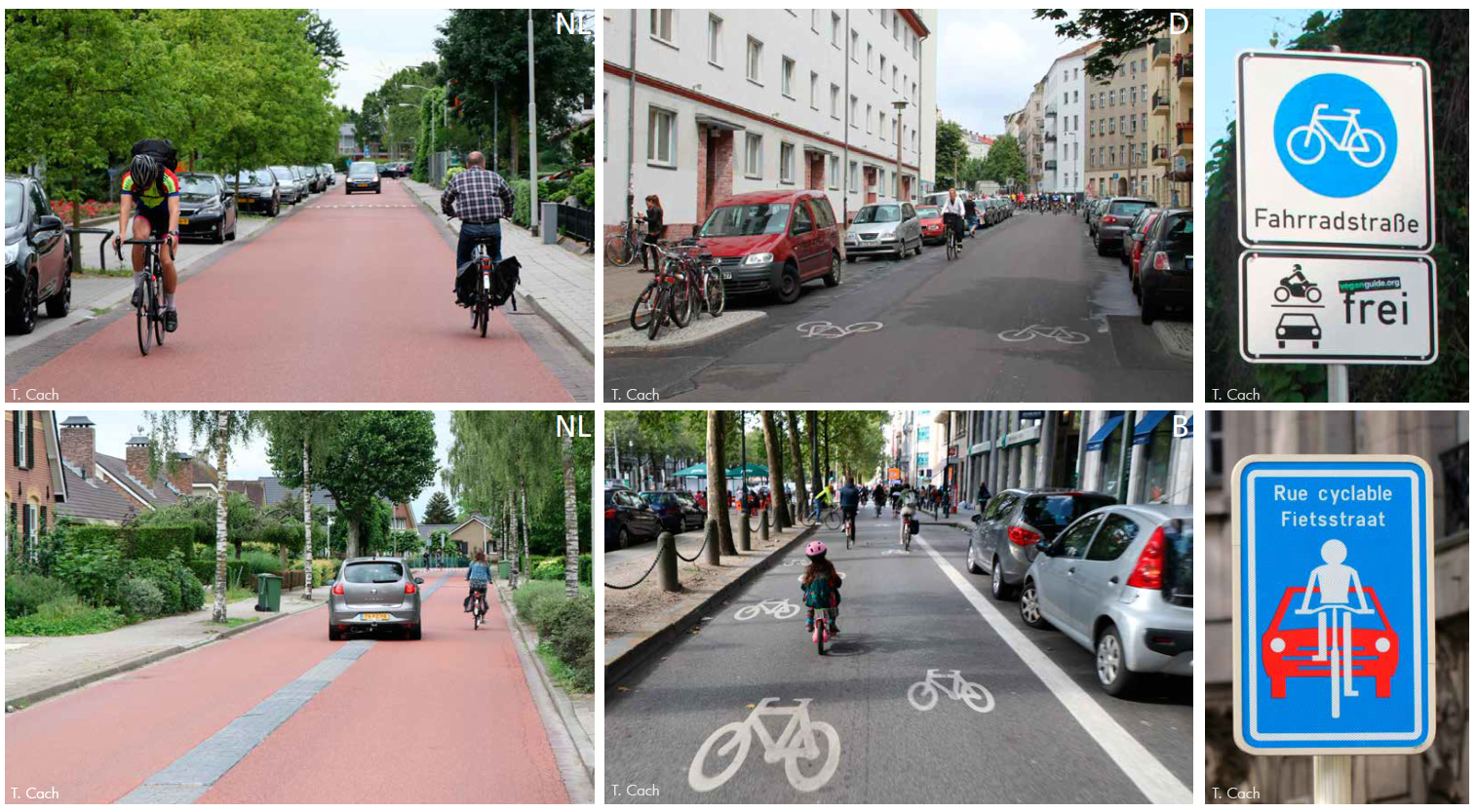 The optimal design of cycling streets and opinions on the optimal legal framework are gradually evolving in Europe. For comparison, here are several more successful recent examples and some older, less successful ones: the Czech legal framework originated from the overall outdated German one (top right), and unfortunately, it is worse in several aspects. Zdroj: Tomáš Cach