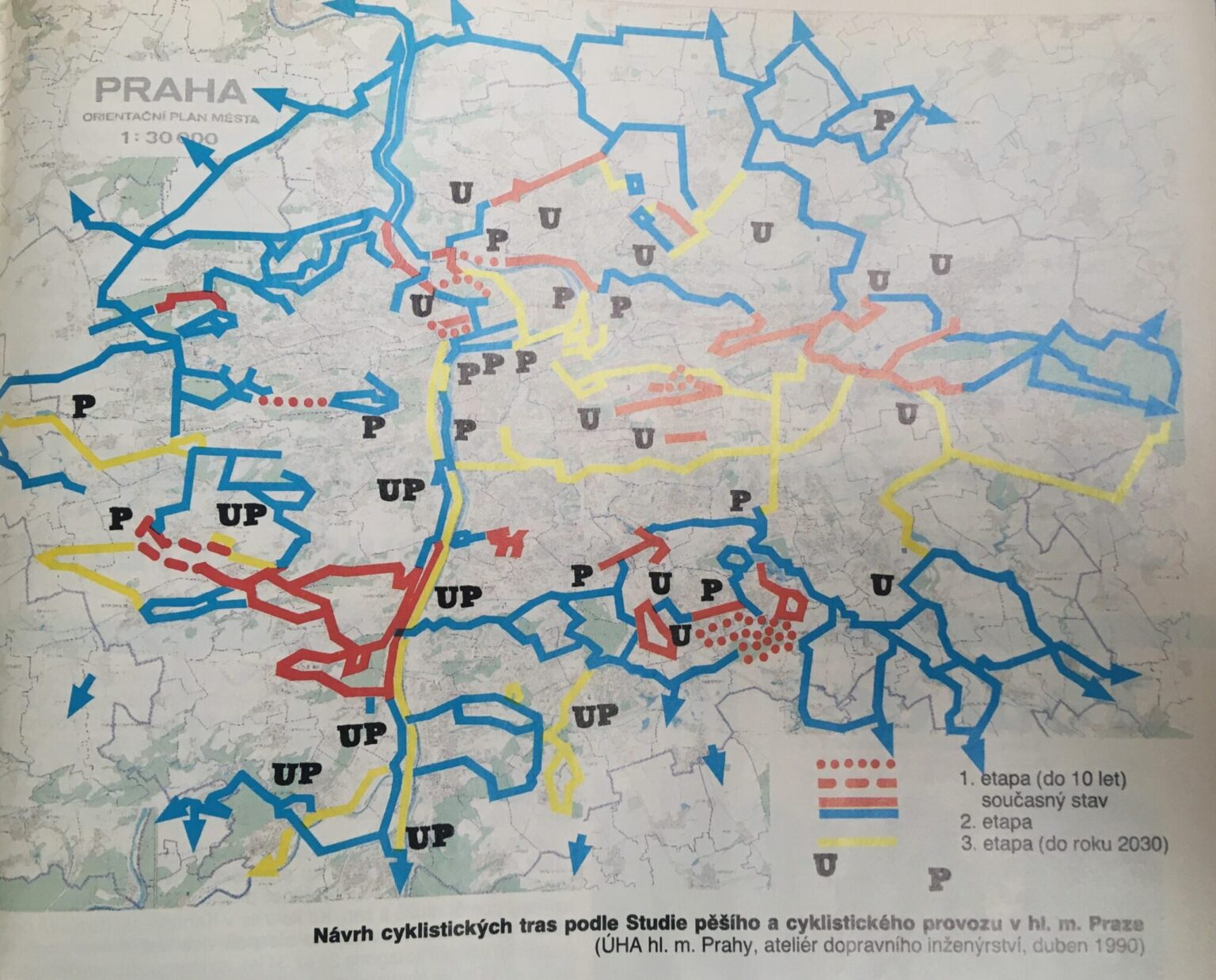 One of the historical plans for the development of cycling routes in Prague from 1990. Zdroj: Technický magazín