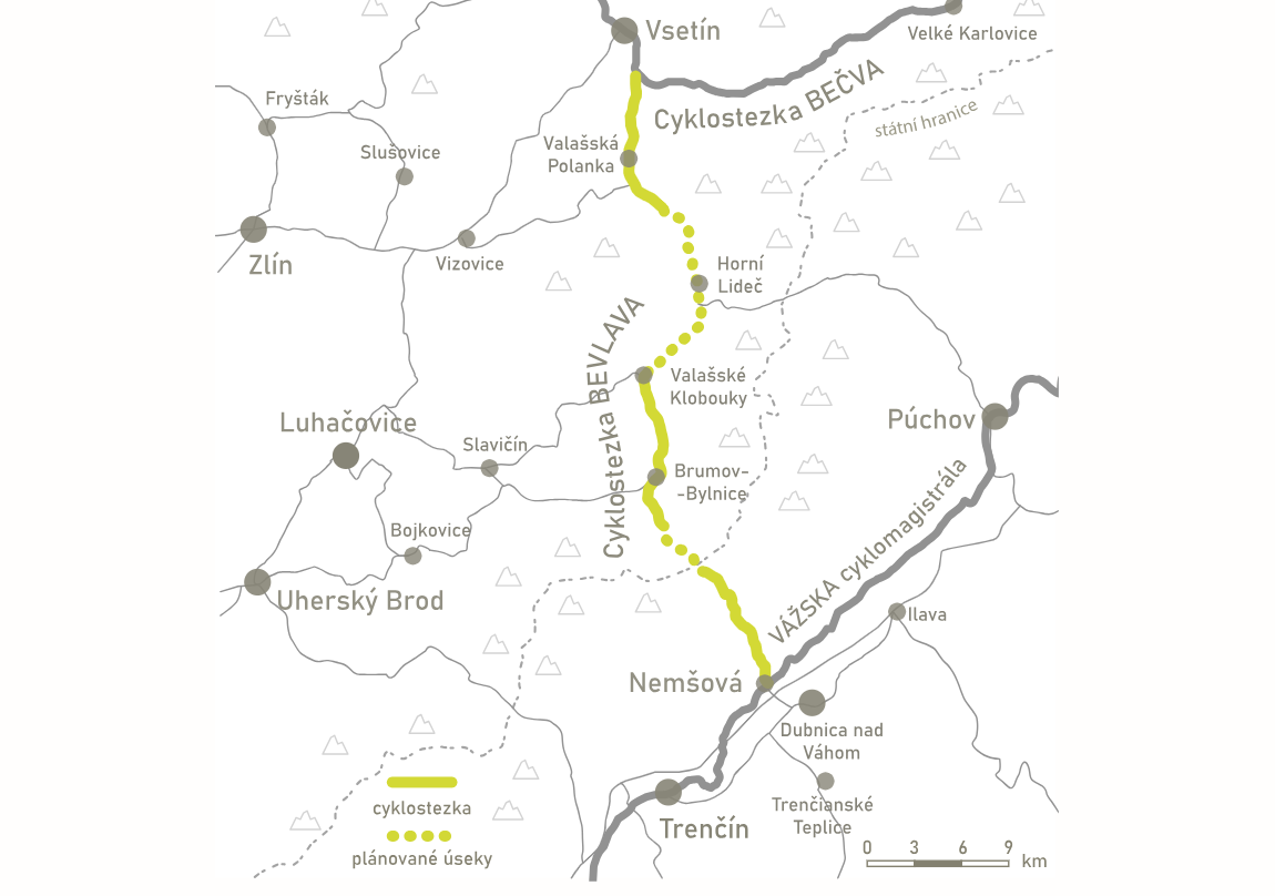 Mapa plánovaného spojení cyklostezek podél Váhu a Bečvy. Zdroj: Bevlava.cz