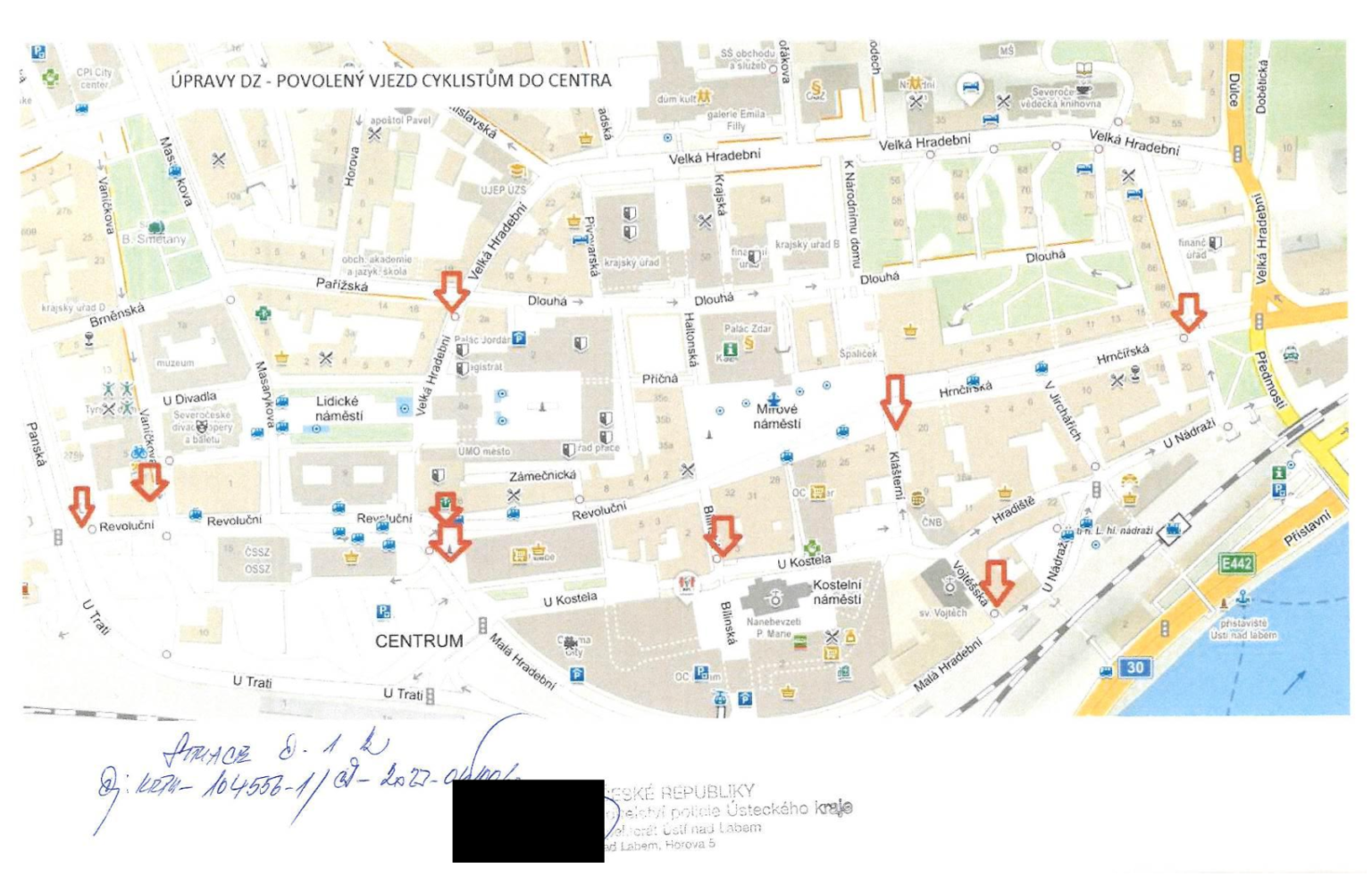 Mapa dopravního opatření, které upravilo dopravní značení v celém centru. To nově umožňuje centrum projet na kole. Zdroj: Úřední deska Ústí nad Labem