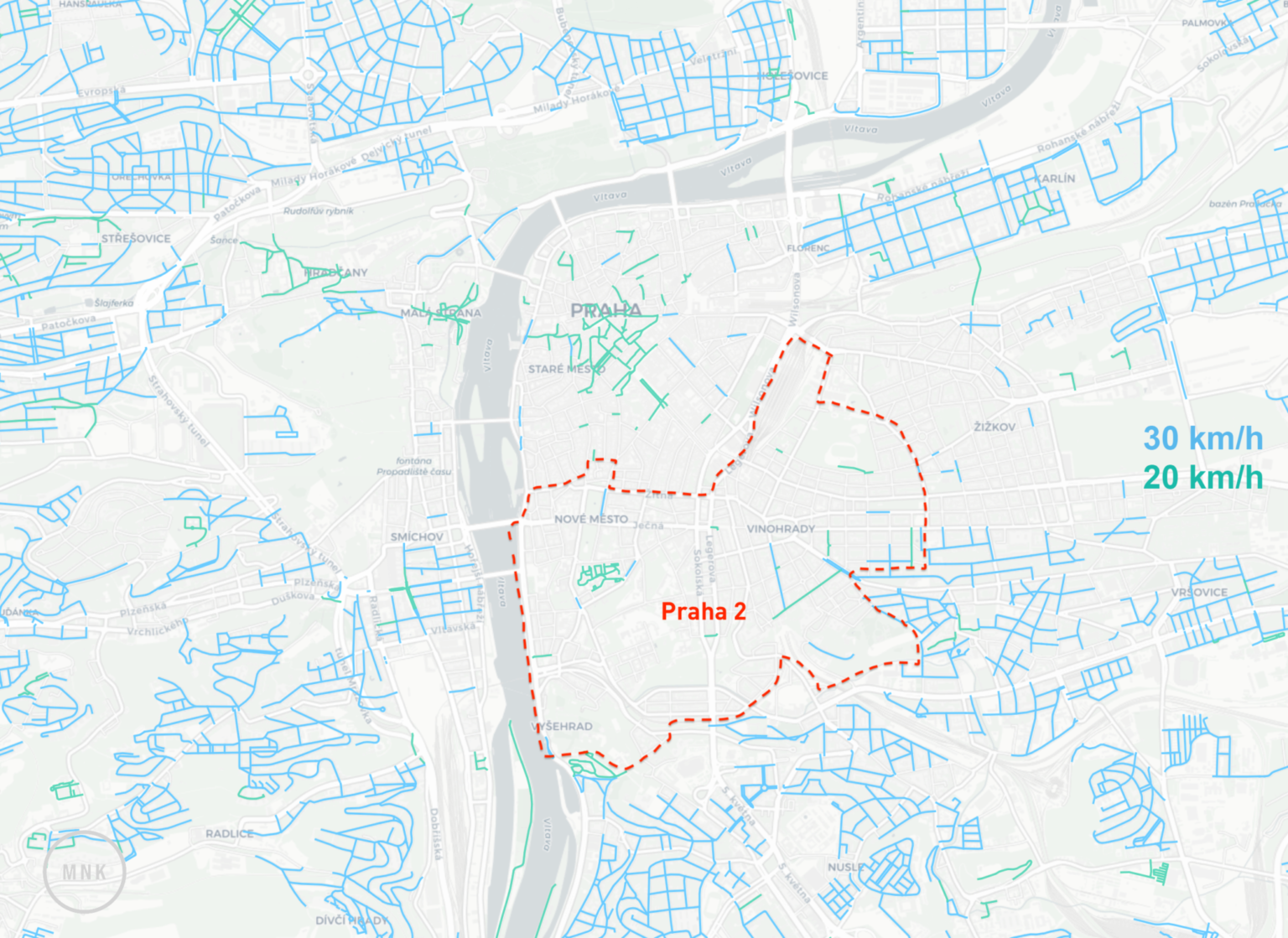 Mapa komunikací s rychlosti 20 nebo 30 km/h na území širšího centra Prahy. Červeně jsou vyznačeny hranice Prahy 2.