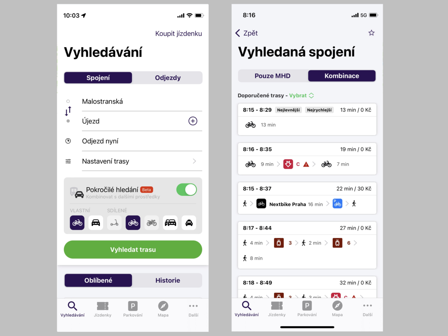 The new testing version of the PID Lítačka application will recommend combinations of various modes of transportation. Zdroj: PID Lítačka / Koláž MNK