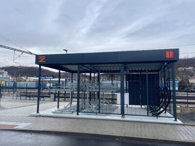 Modernized Prague-Radotín train station has bike stands and a bike shed