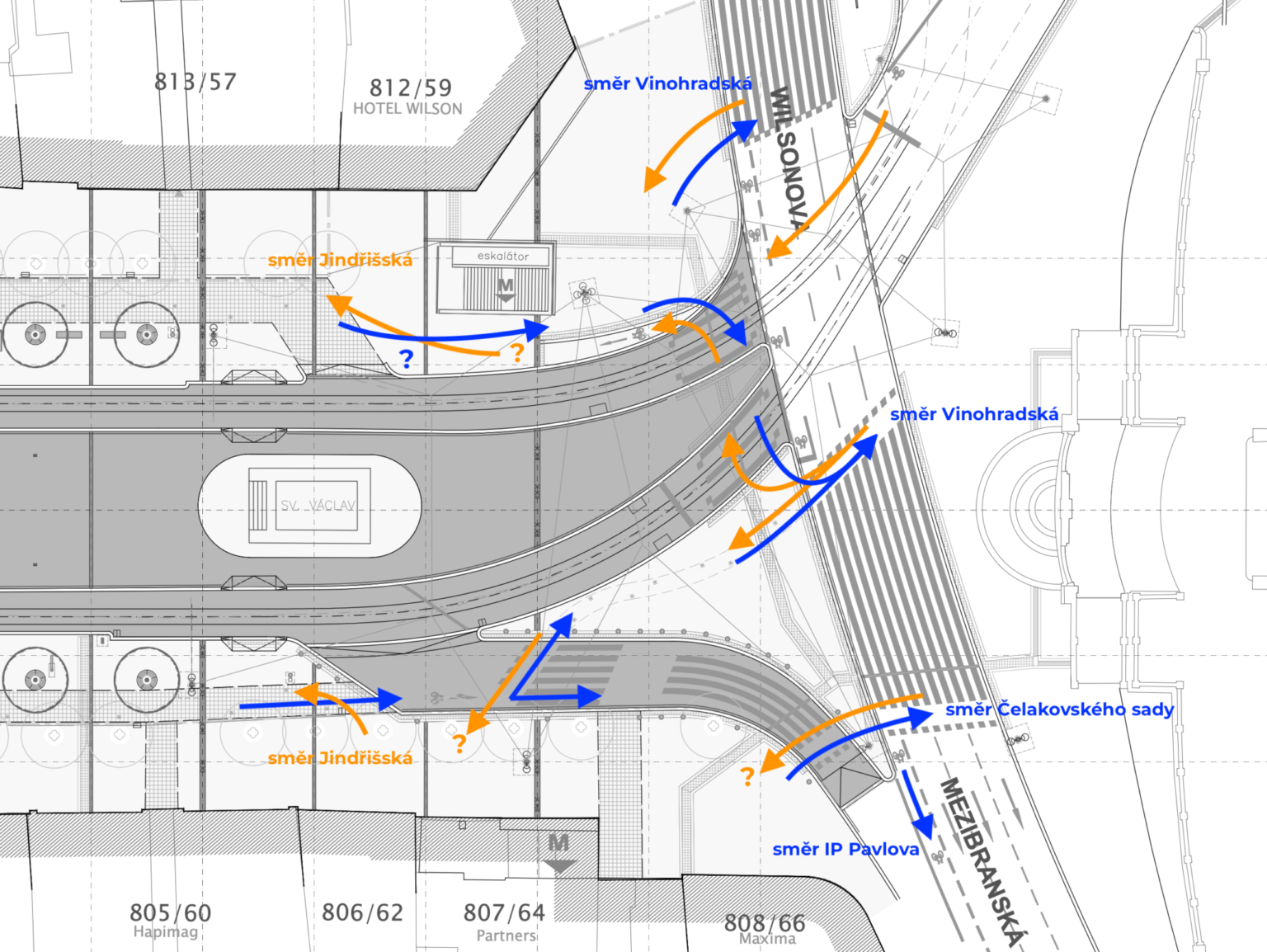 Upper ending of the reconstructed part of the square, an excerpt from the drawing documentation of the architectural solution (project status 2022). Blue arrows indicate upward movement options, while orange arrows indicate downward movement. It is possible that the final appearance may still undergo changes. Zdroj: IPR