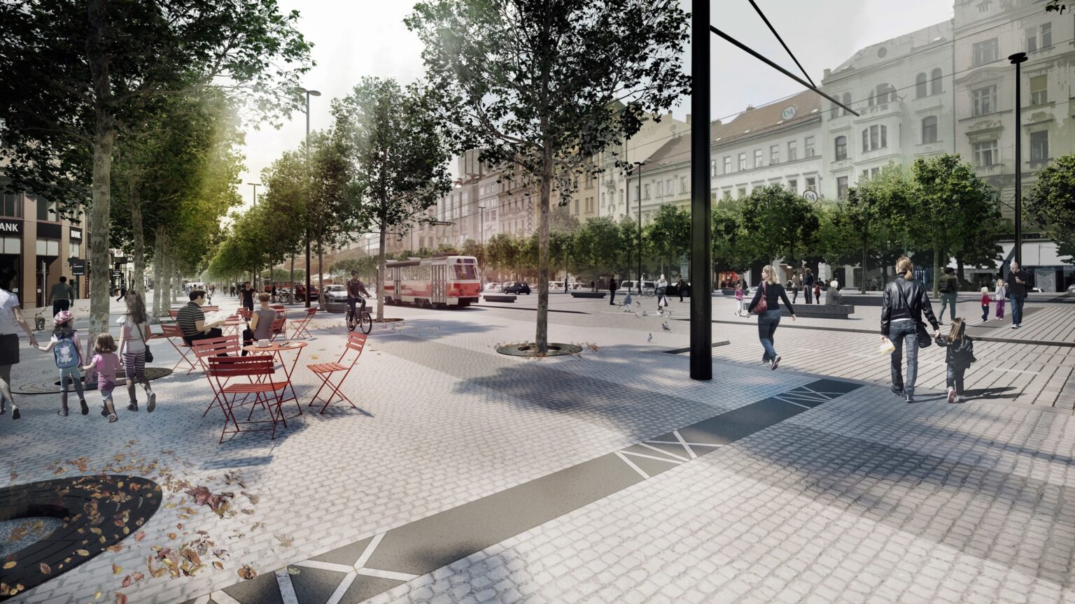 The cycle lane will run between two rows of trees and at the level of the sidewalk. Zdroj: IPR