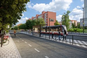 Vizualizace cyklopatření podél připravované tramvajové trati na Počernické ulici.