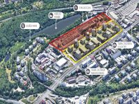 Plánek budoucí čtvrti Tesla Hloubětín, levá část je již ve výstavbě.