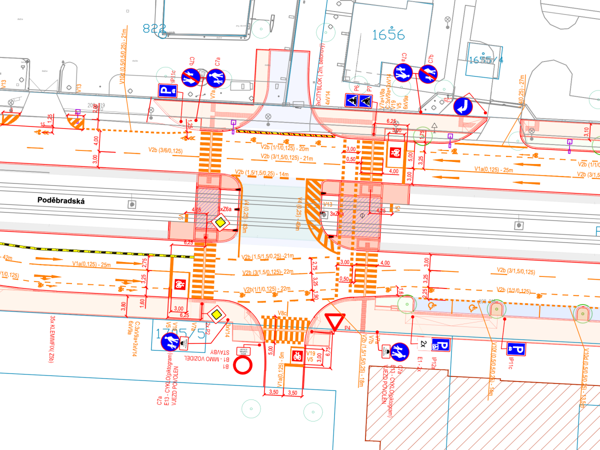 Výkres dopravního řešení budoucí nové městské křižovatky: přechody i přejezd pro cyklisty. Zdroj: Magistrát HMP